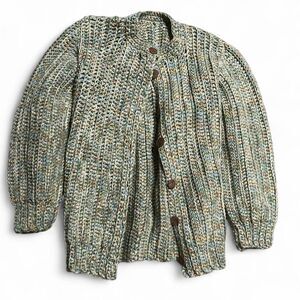 handmade heavy knit Multicoloured  green knitted cardigan w/ wooden/cork buttons